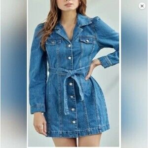 Joie Denim Long Sleeve Tie Dress Medium Summer Jean Cinch Waist Button Front